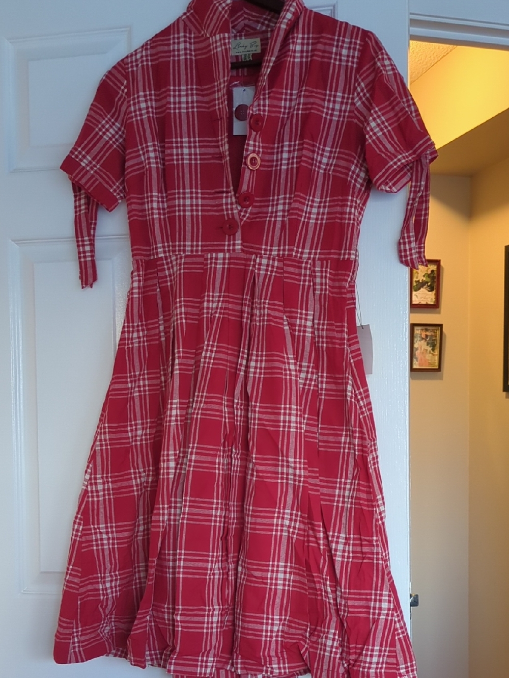 Lindy Bop Bright Red Button-Up Dress with Gingham Trim